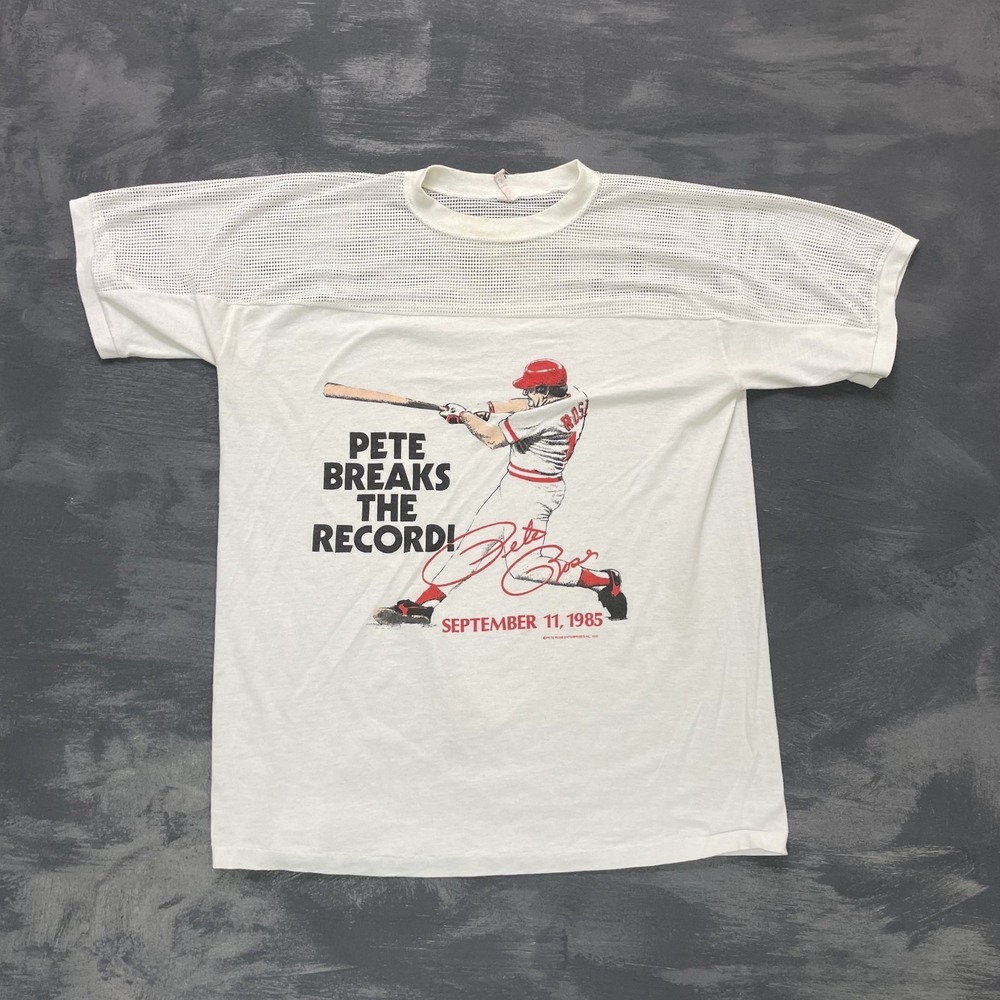 vintage Pete Rose Breaks the Record mesh shirt mens large White 1985